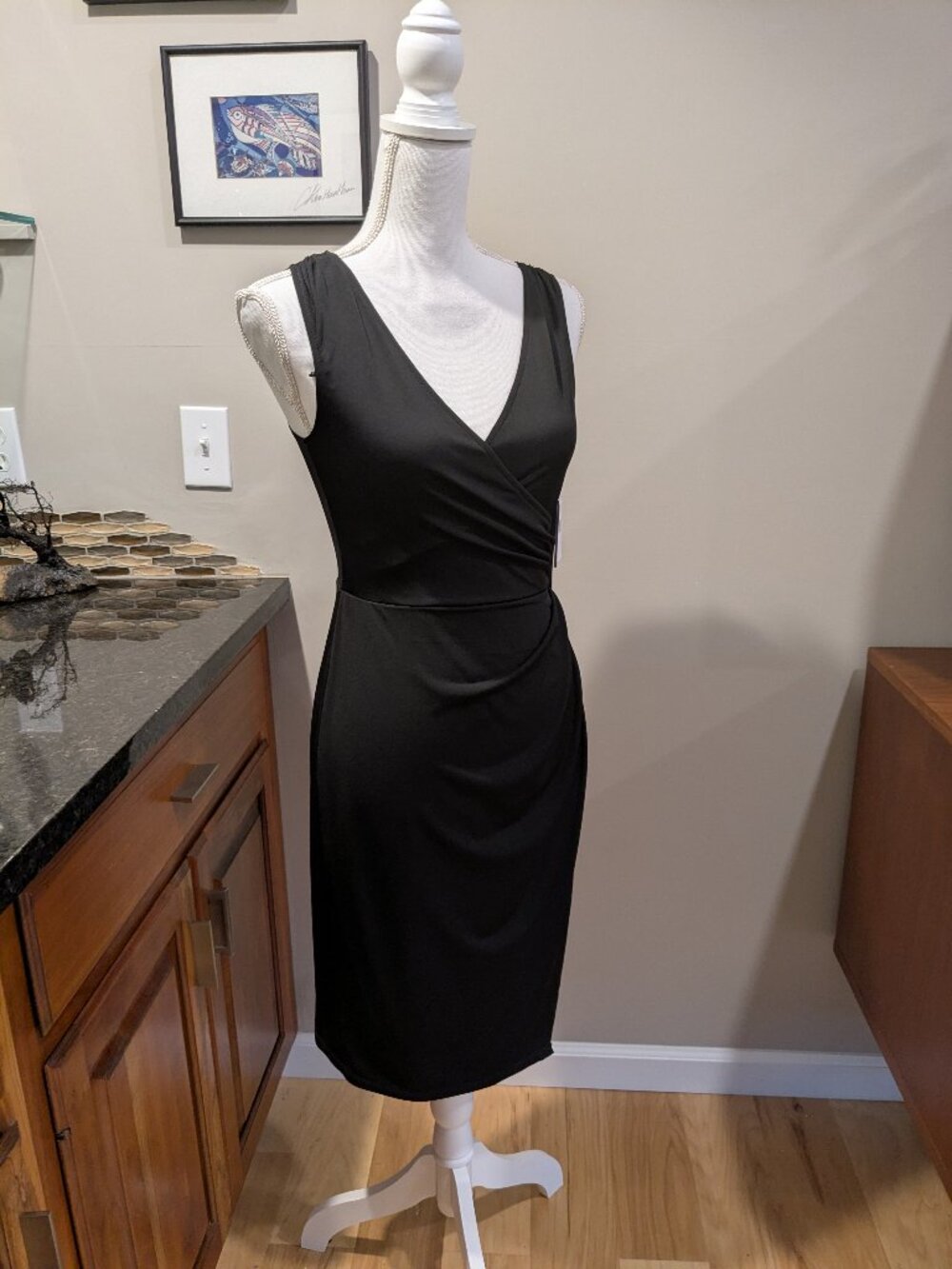 NWT London Times Black V-Neck Bodycon Dress Faux Wrap Draped Sexy Cocktail Sz 4